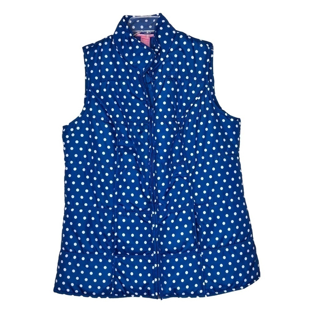 New - WOMAN WITHIN Blue and White Polka Dot Full Zip Puffy Vest w Pockets Size M